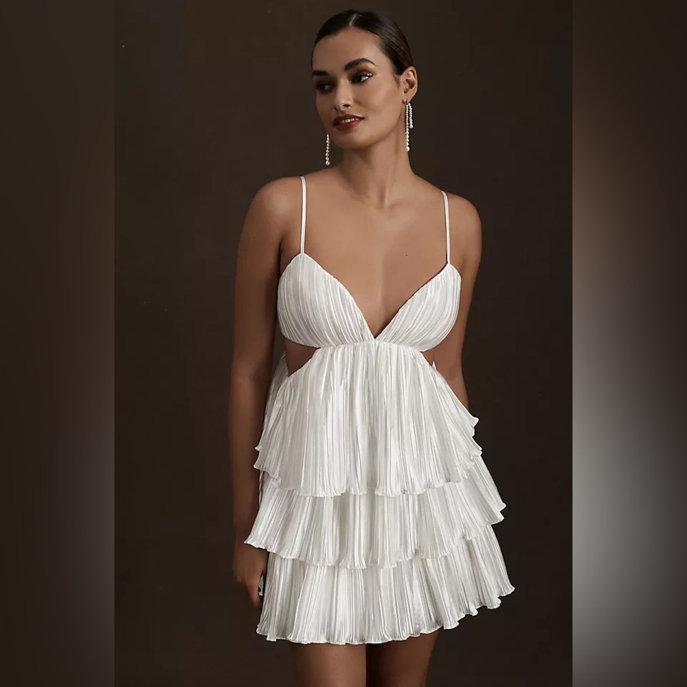 BHLDN White Pleated Tiered Mini Dress